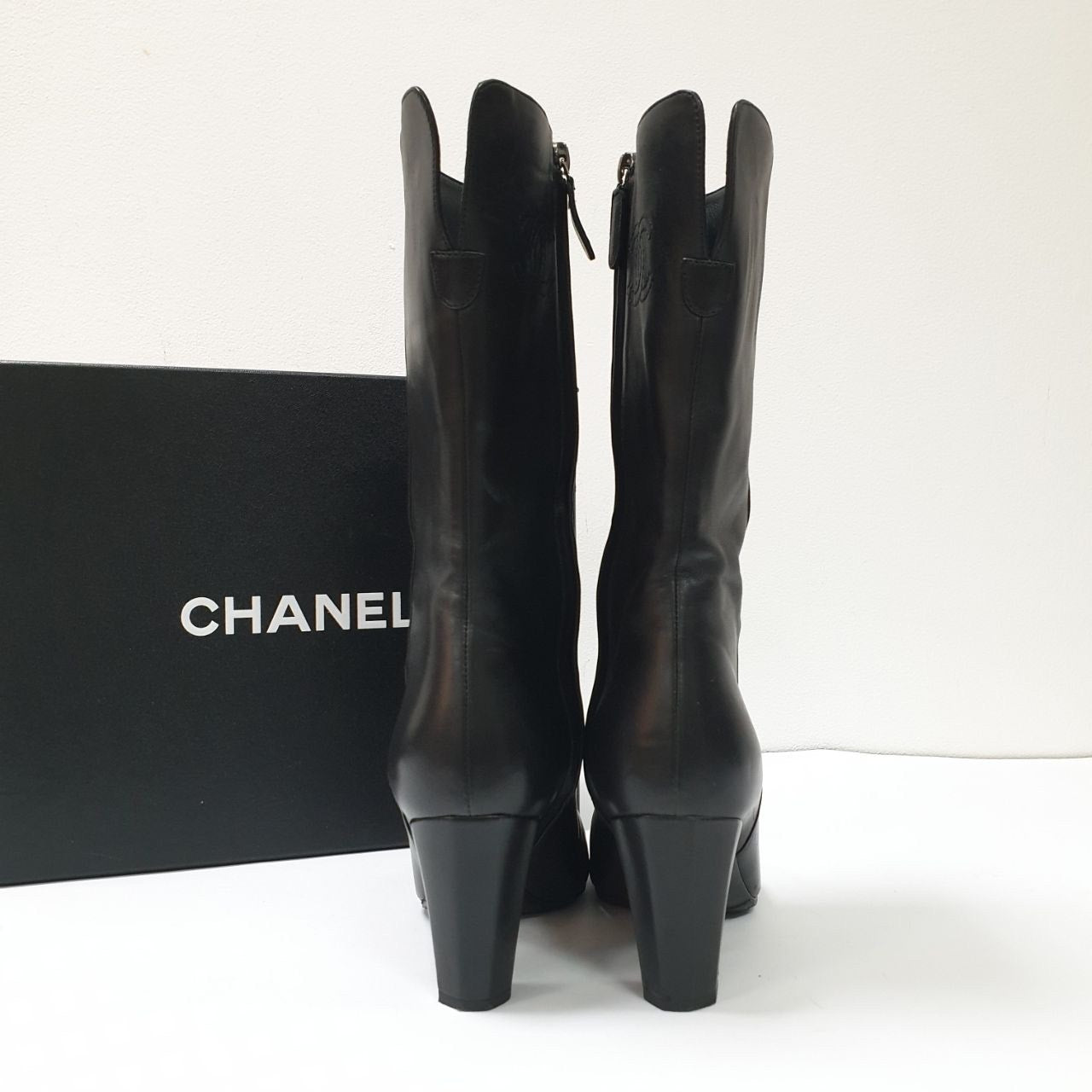 CHANEL Black Lambskin  Iconic Style Mid-Boots Sz.36 Pre-owned