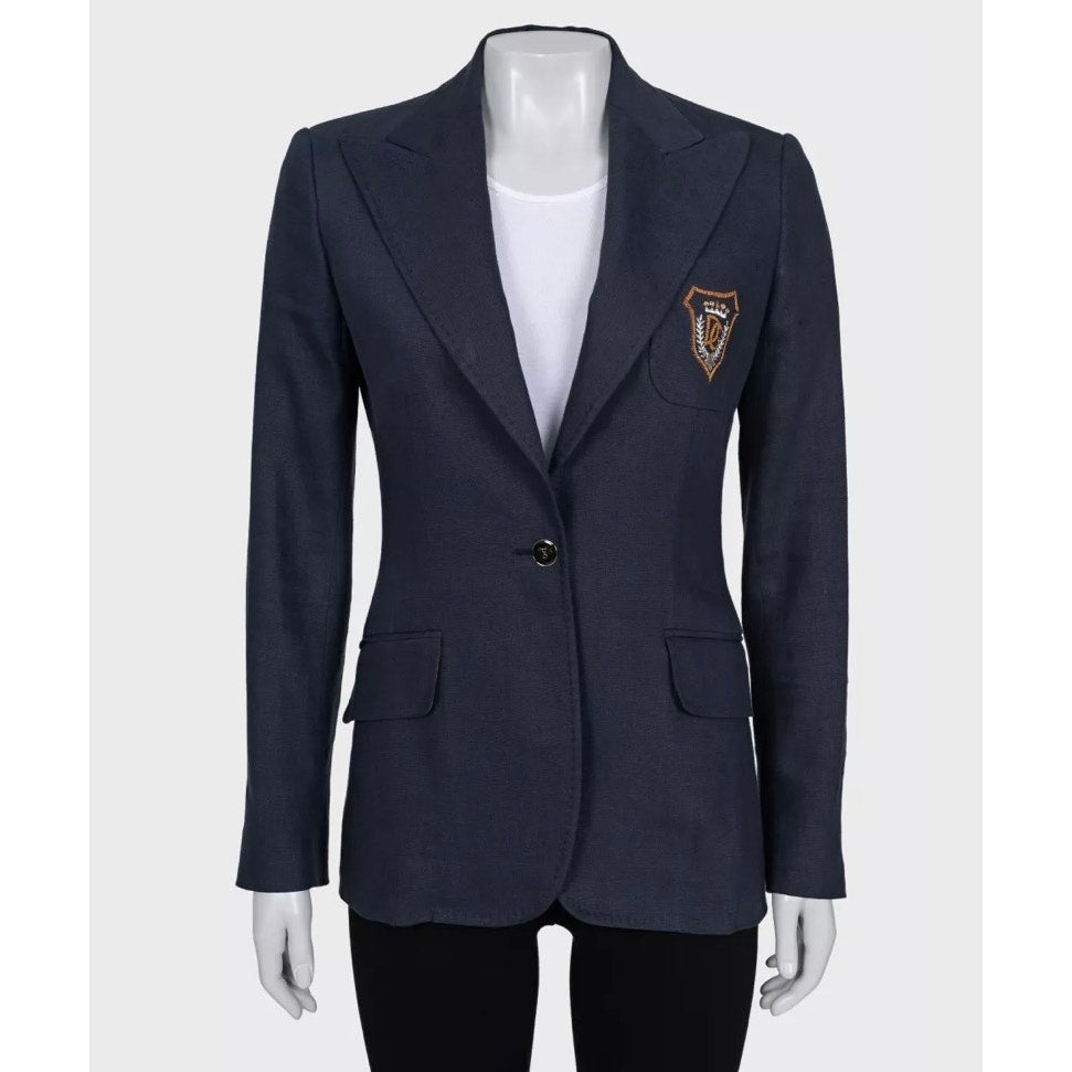 Dolce & Gabbana Blue Linen Embroidered Fitted Jacket - IT38/XS pre-owned