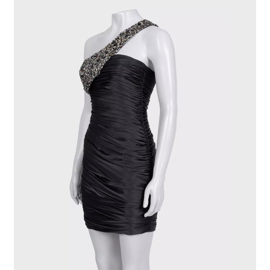 NWOT Mandalay Black Satin Asymmetrical Mini Dress Sz.4 Pre-owned