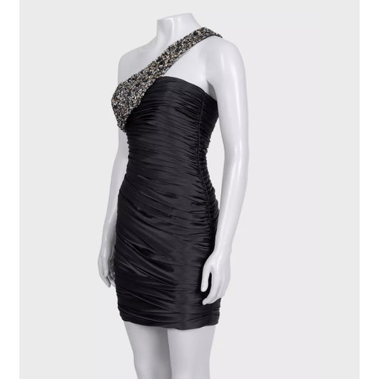 NWOT Mandalay Black Satin Asymmetrical Mini Dress Sz.4 Pre-owned