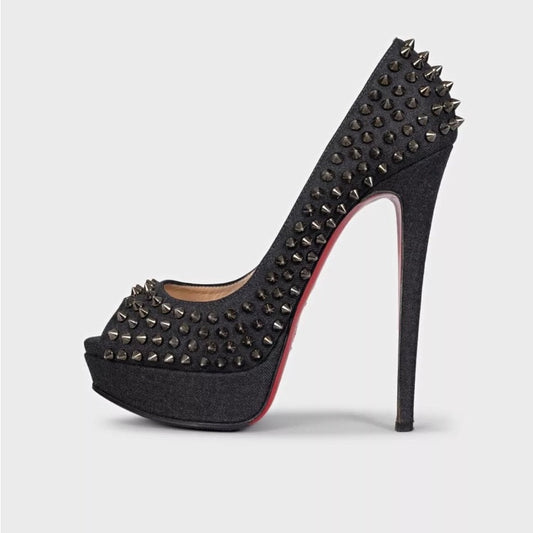 Christian Louboutin Blue Denim Lady Peep Spikes Heels - Size 39.5 Pre-owned