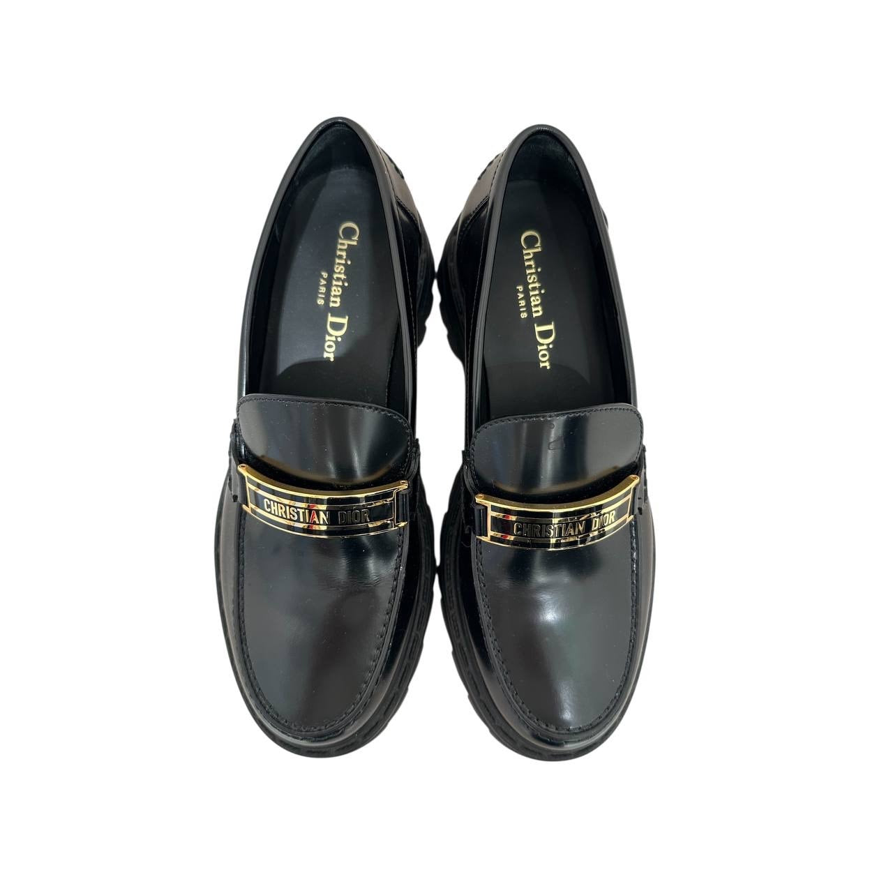 Dior Code Black Brushed Calfskin Gold Logo Platform Loafers Sz.38 Pre-owned
