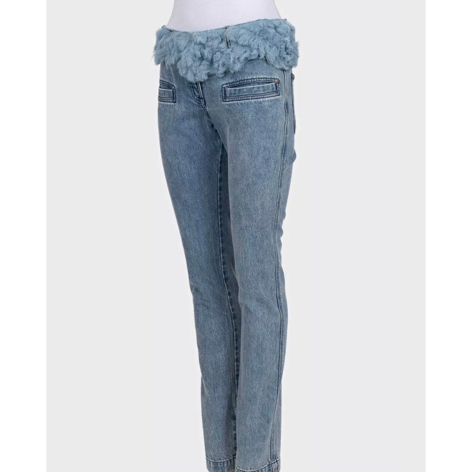 Chanel Light Blue Straight Fur Trim Jeans Sz.38 Pre-owned