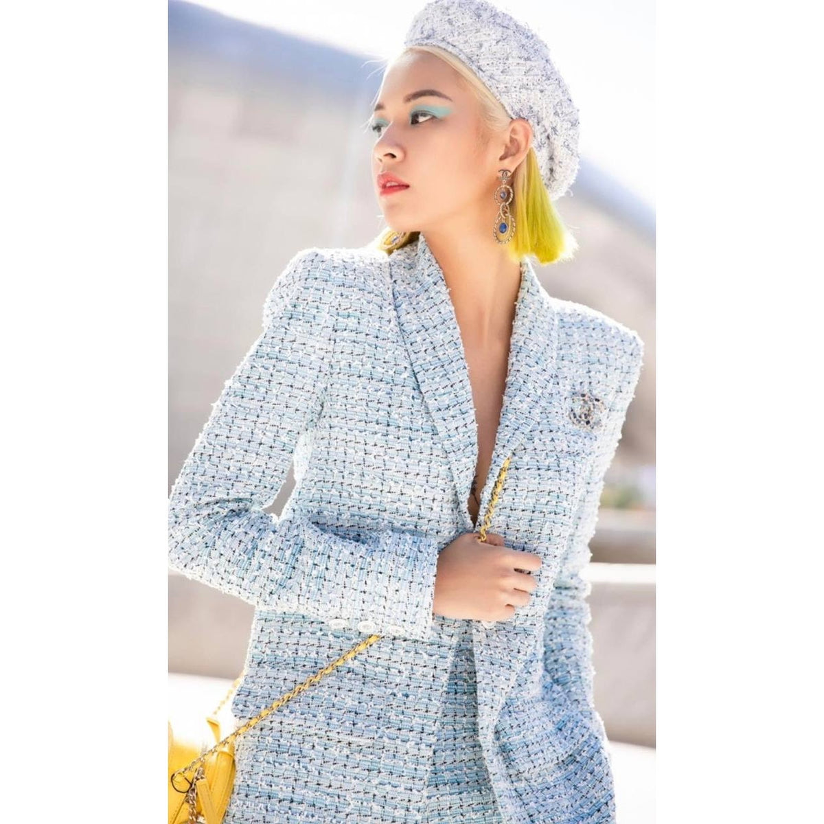 CHANEL Light Blue Multicolor Tweed Blazer Sz.38 Pre-owned
