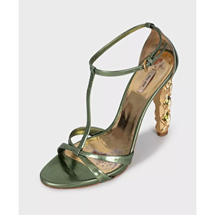 Miu Miu Green Leather Crystal Block Heel Sandals Sz 37.5 pre-owned