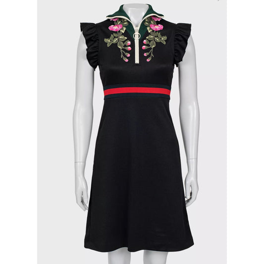 Gucci Embroidered Detail Black Polyester Dress XS Pre-owned