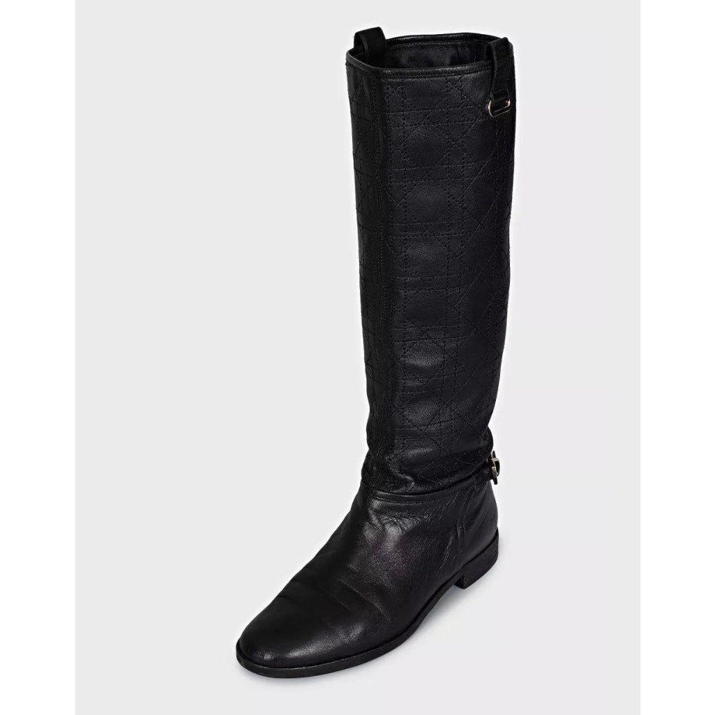 Chic Christian Dior Quilted Flat Boots - Black Leather EU 37.5 pre-owned