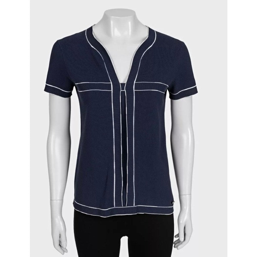CHANEL Blue Cotton T-Shirt with White Contrast Trim Sz.38 Pre-owned