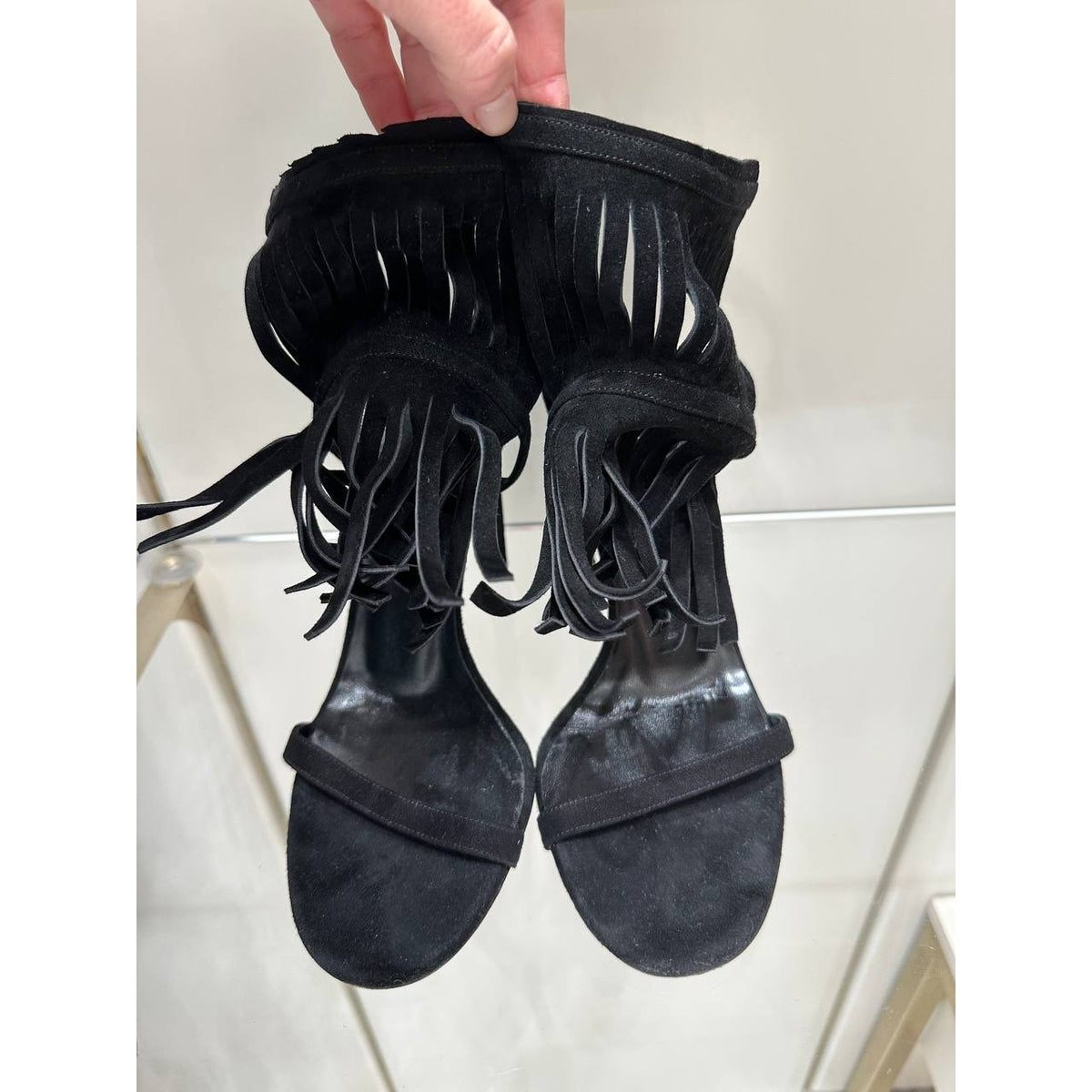 Gucci Becky Black Suede Fringe High-Heel Sandals Sz.38 Pre-owned