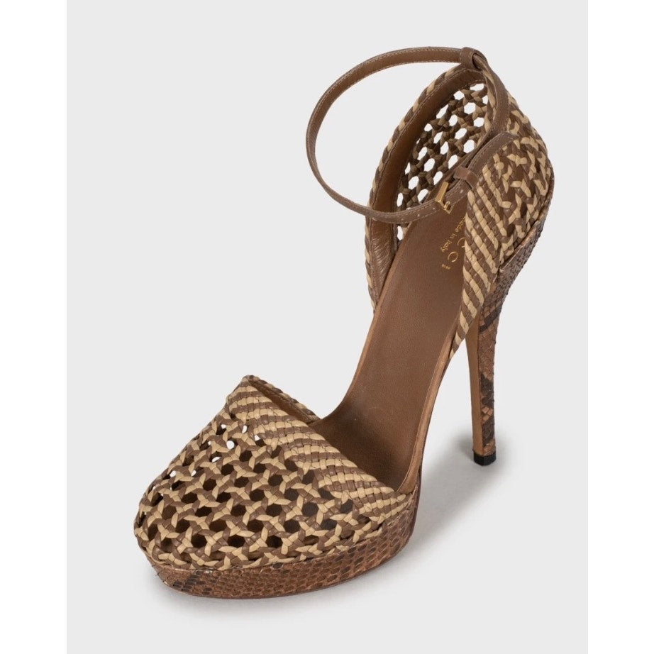 Gucci Brown Woven lambskin Leather High Heel Sandals - Size 38 Pre-owned