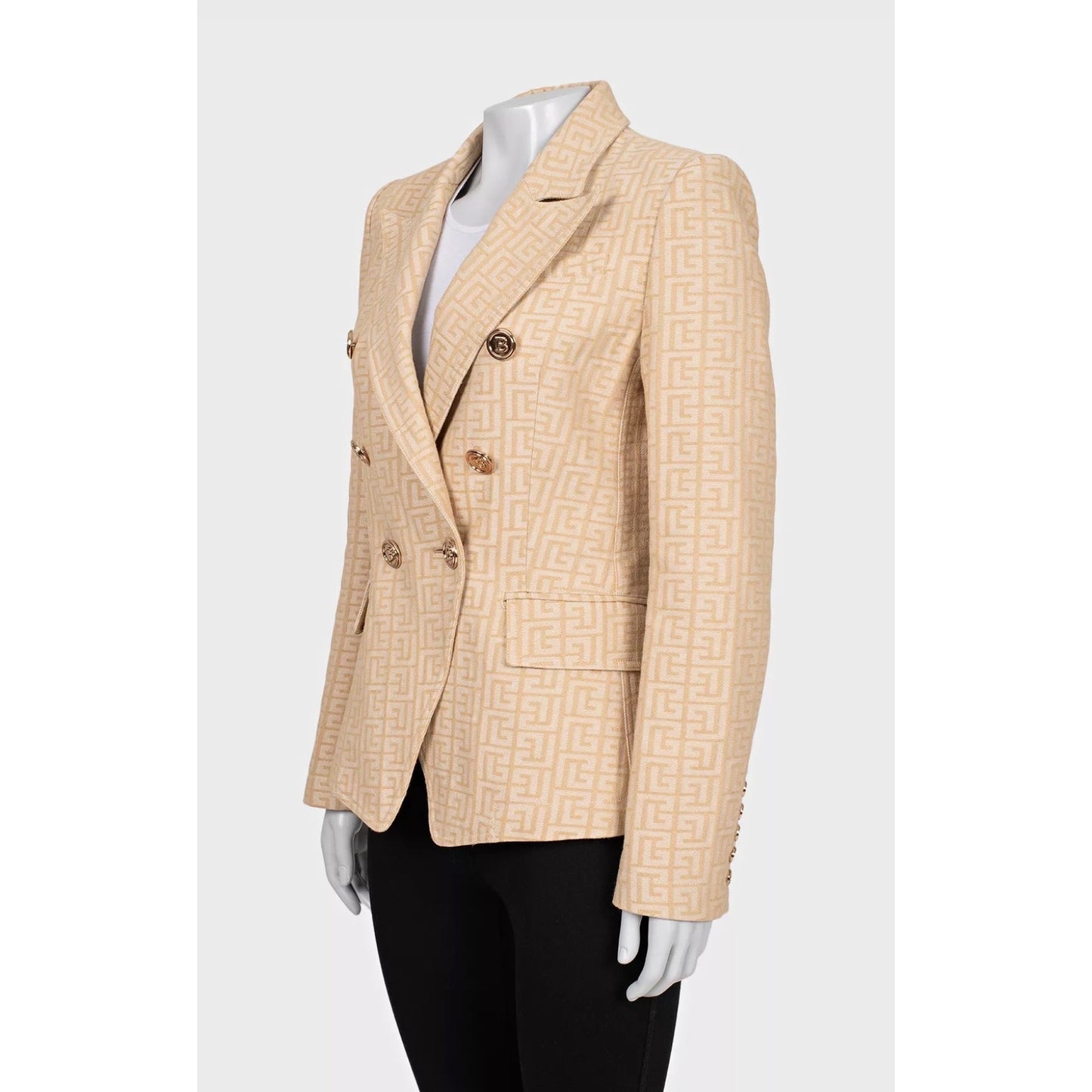 NWOT Balmain Beige Signature Print Fitted Jacket Sz.42 Pre-owned