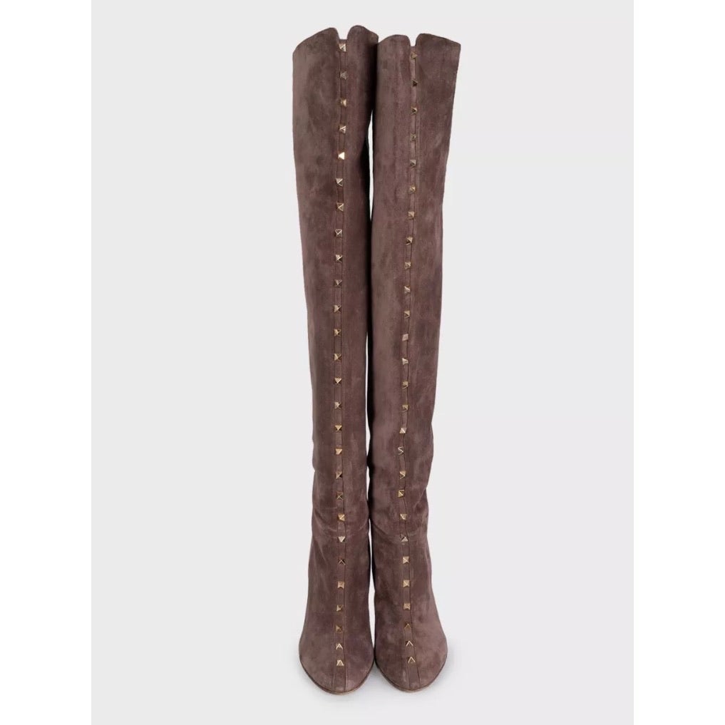 Valentino Brown Suede Over-the-Knee Boots Studded Gold Hardware EU 40 Pre-owned