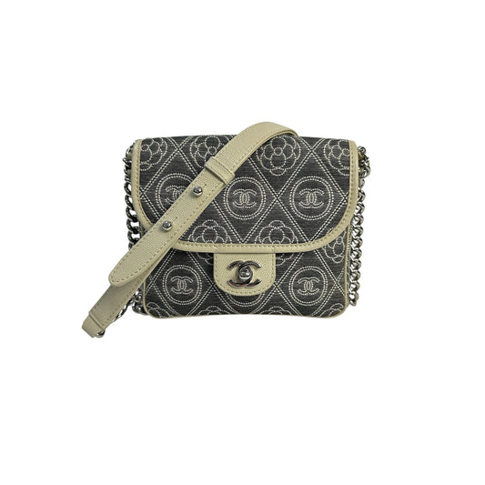 Chanel Camellia Double Side Flap Bag Quilted Printed Canvas Small Gray pre-owned