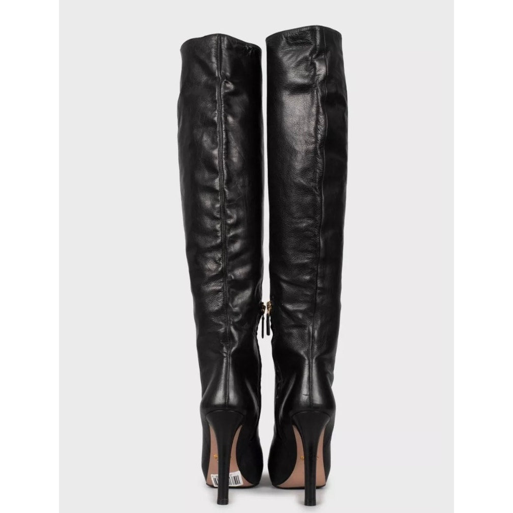 Prada Black Leather Pointed Toe High Heel Boots Sz.38 Pre-owned