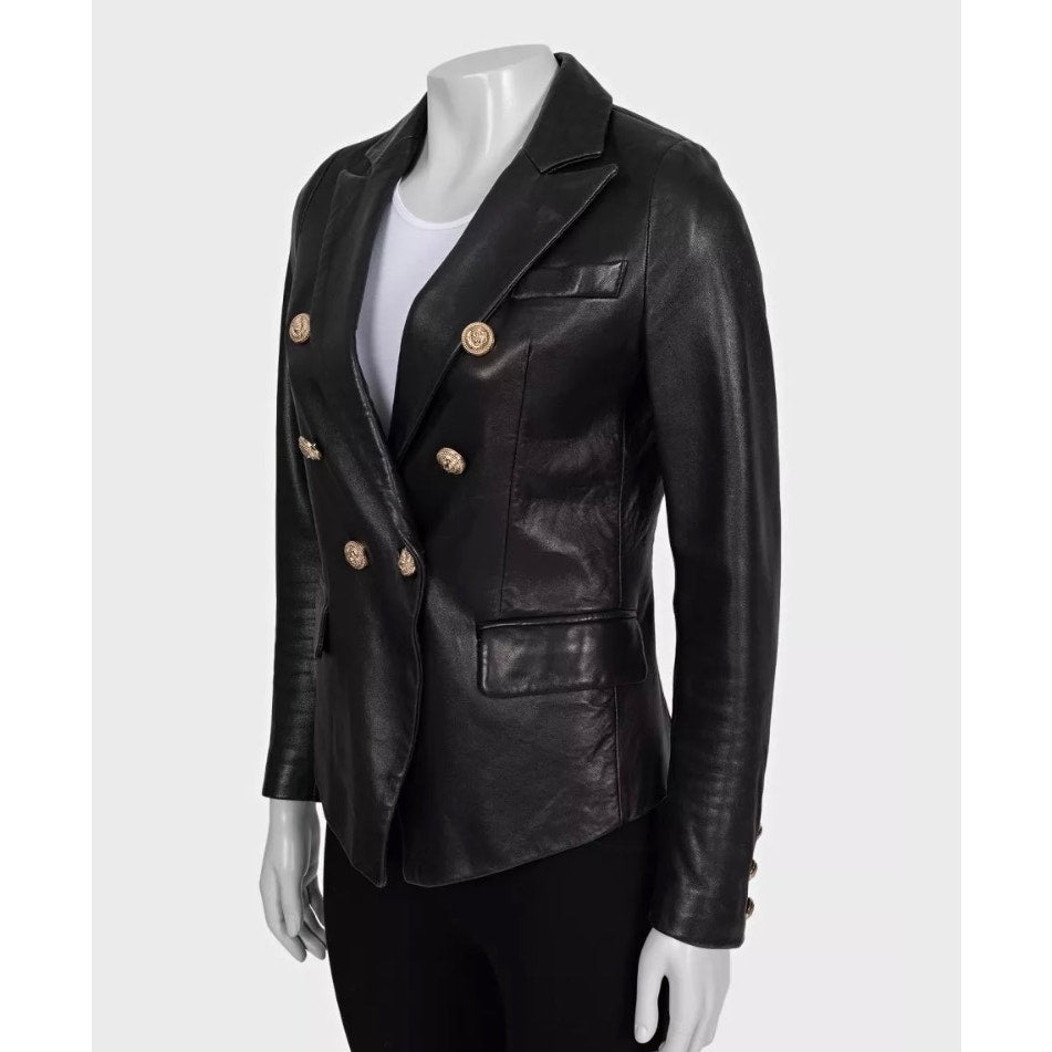Balmain Black Leather Double-Breasted Jacket Sz.40 Pre-owned