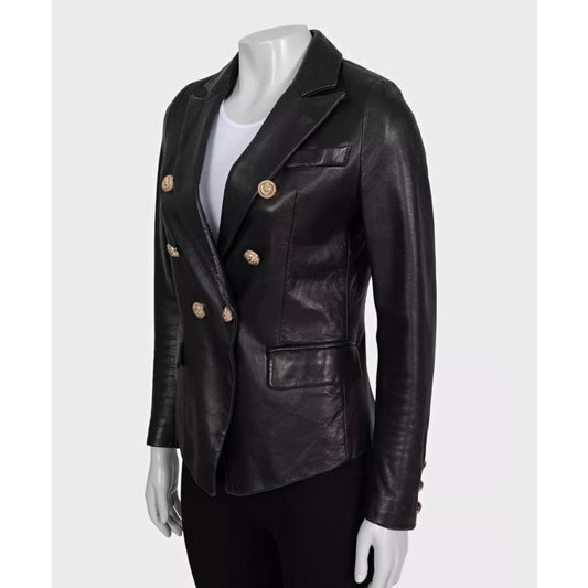 Balmain Black Leather Double-Breasted Jacket Sz.40 Pre-owned