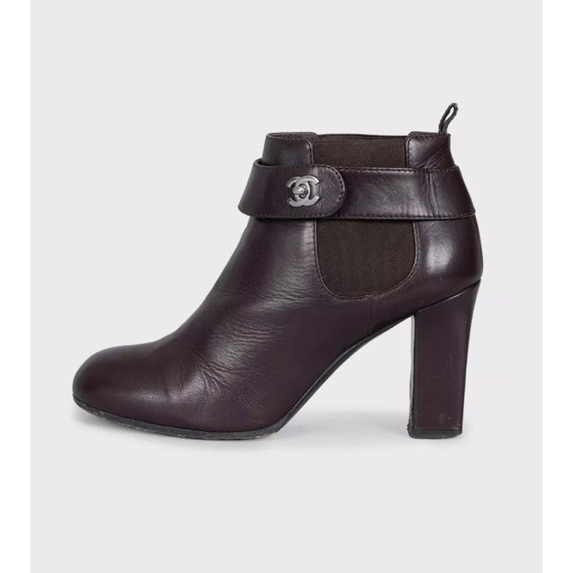 Chanel Brown Leather Ankle Boots, Silver Logo, Size 38 pre-owned
