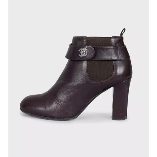Chanel Brown Leather Ankle Boots, Silver Logo, Size 38 pre-owned
