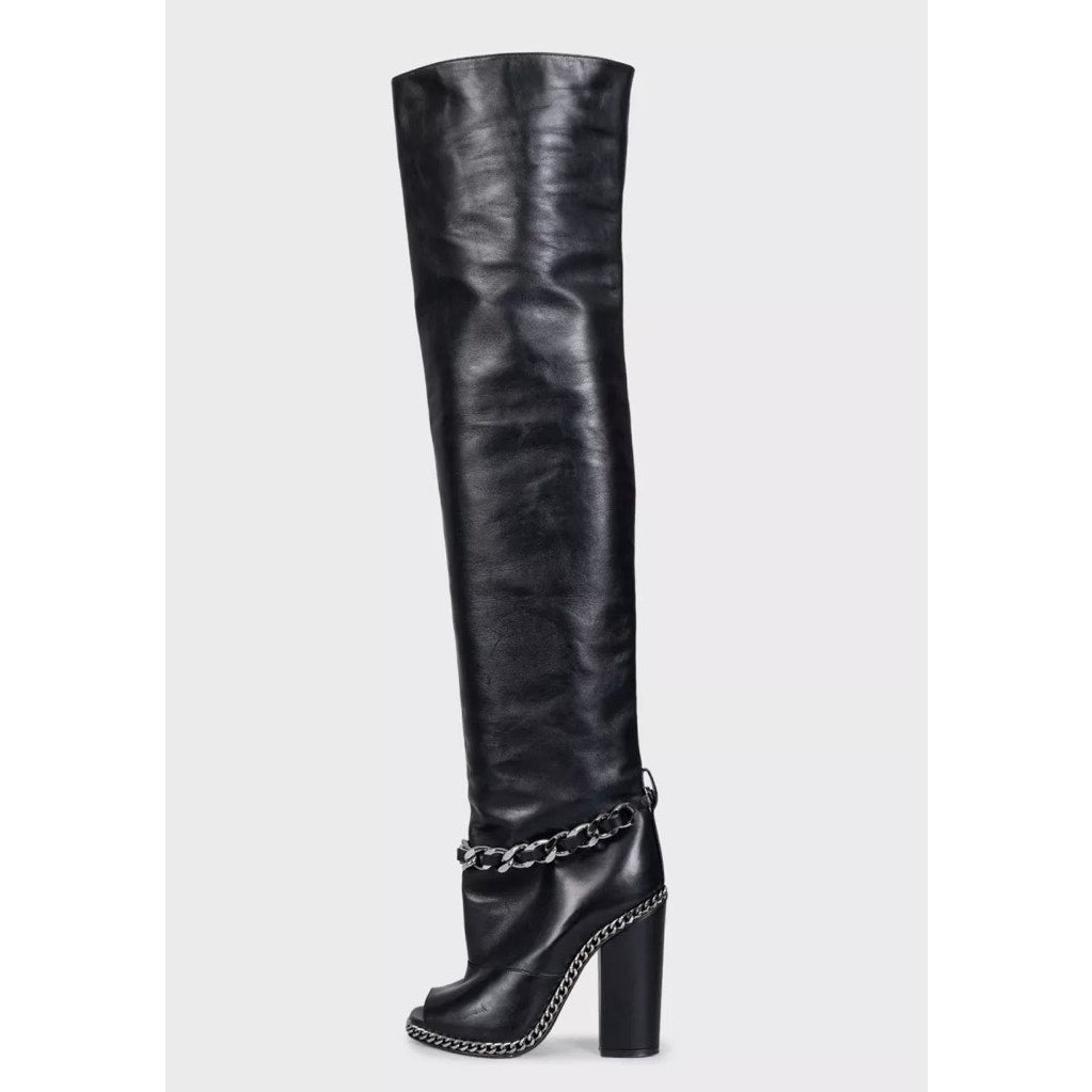 Balmain Black Leather Open-Toe Over-the-Knee Boots Sz.38 Pre-owned