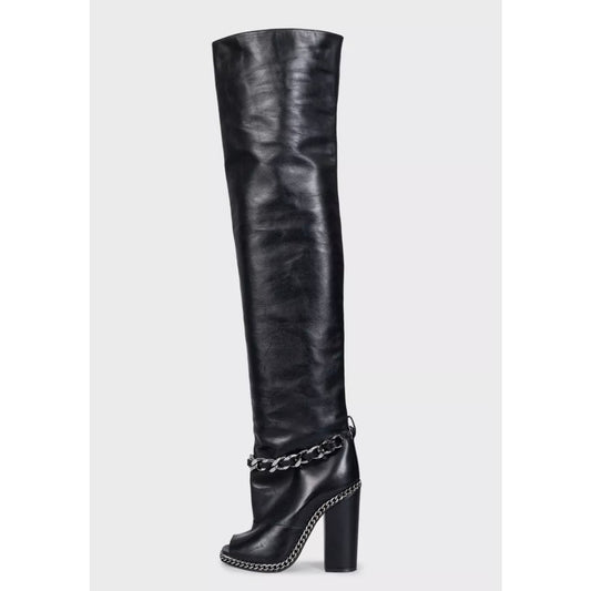 Balmain Black Leather Open-Toe Over-the-Knee Boots Sz.38 Pre-owned
