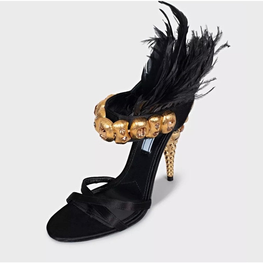 Prada Black Feather-Trim Crystal Embellished Sandals, Size 38 pre-owned