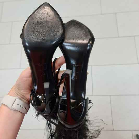 SAINT LAURENT Talitha Crystal Leather Ankle-Wrap Sandals Sz.38 Pre-owned