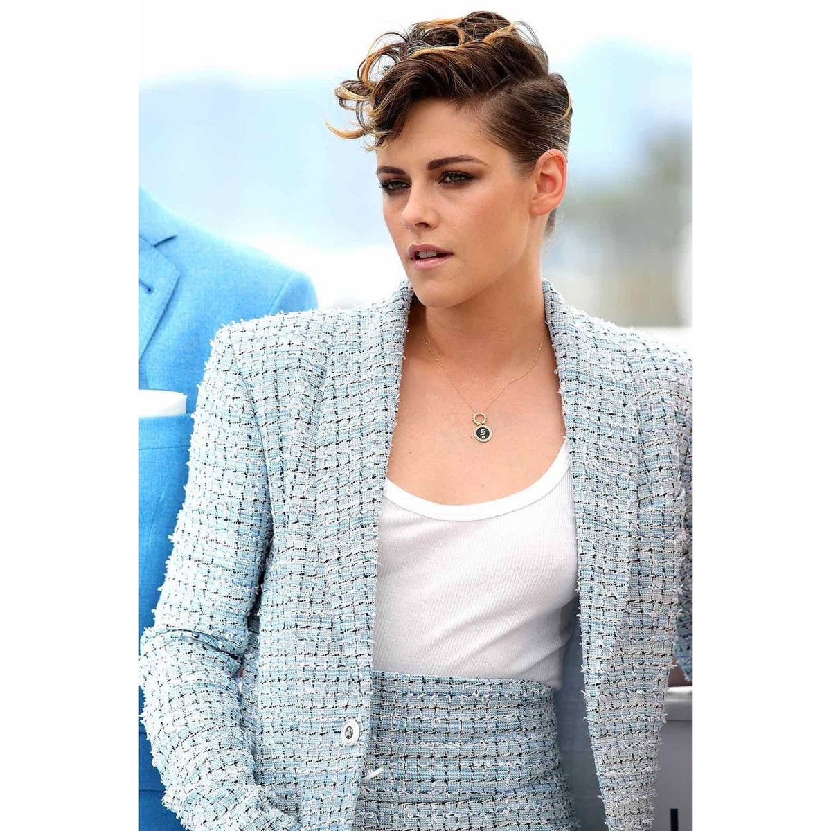 CHANEL Light Blue Multicolor Tweed Blazer Sz.38 Pre-owned