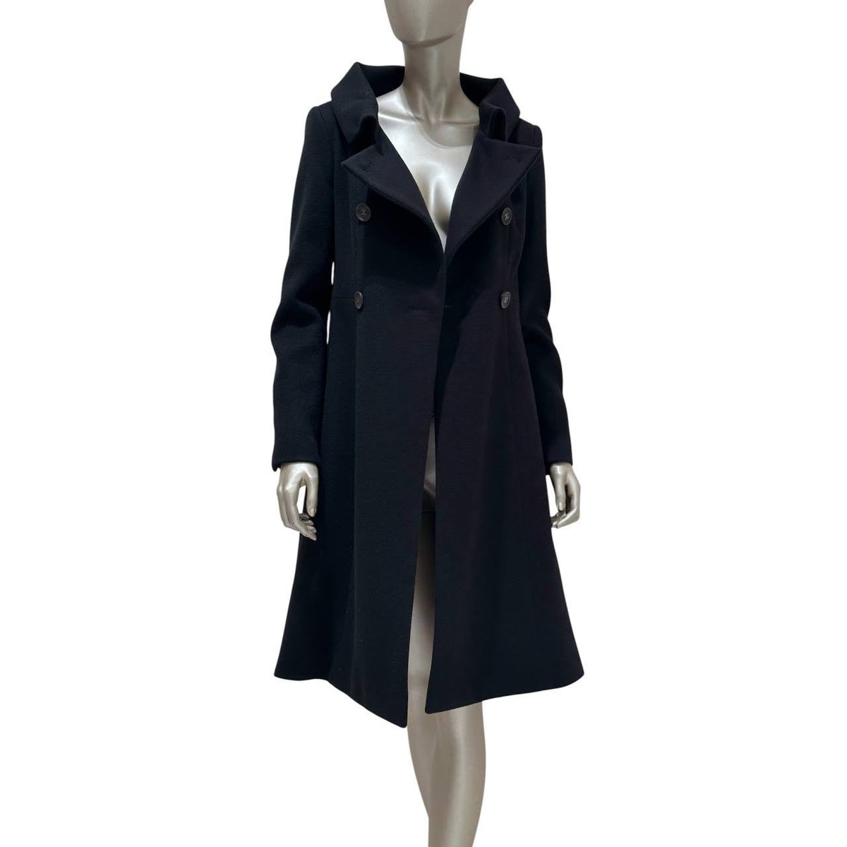 CHANEL Black Wool Coat A-Line Double-Breasted Sz. 38 Pre-owned