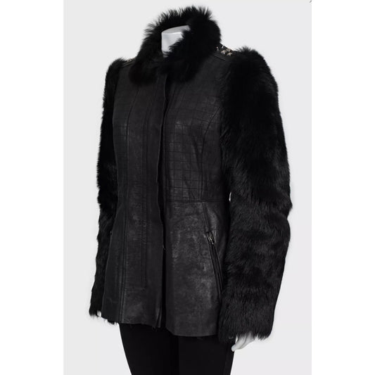 Roberto Cavalli Black Leather Fur Sleeves Jacket Sz.42/M Pre-owned