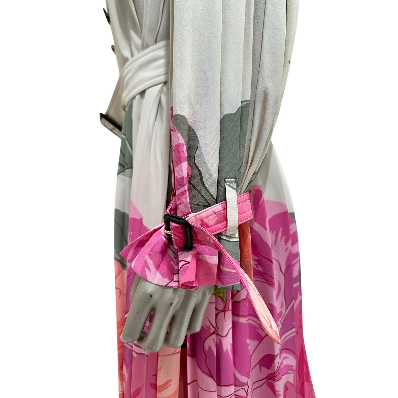 Valentino Camellia Silk Pleated Avorio & Fuchsia Trench Coat Sz.42 pre-owned
