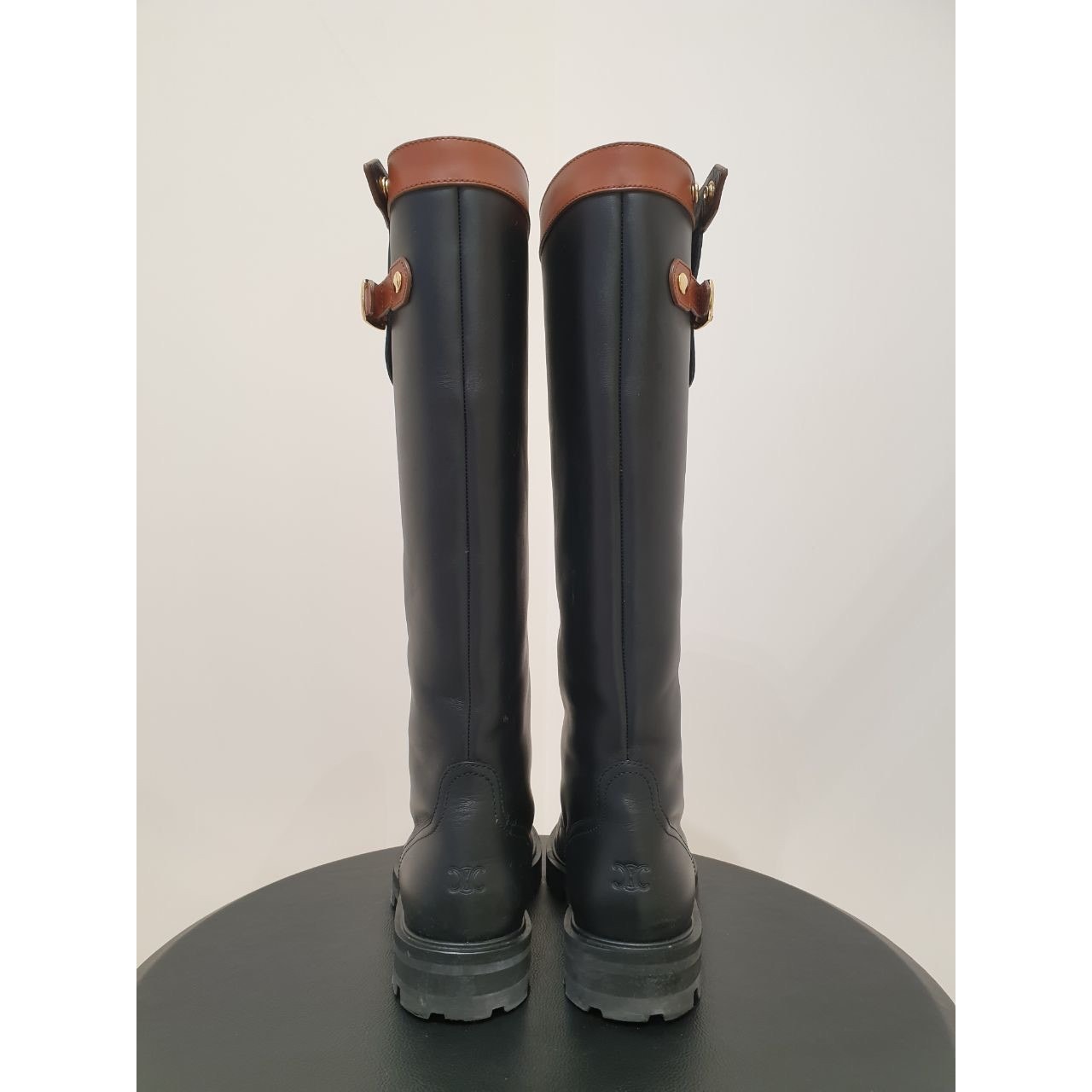 Celine Margaret High Boots Black Leather Tabac Sz. 38.5 Pre-owned