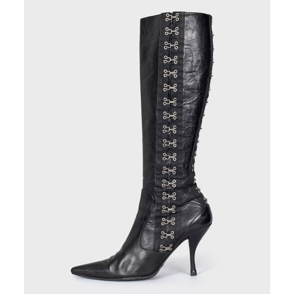 Dolce & Gabbana Black Leather Knee-High Stiletto Boots Sz.38 Pre-owned
