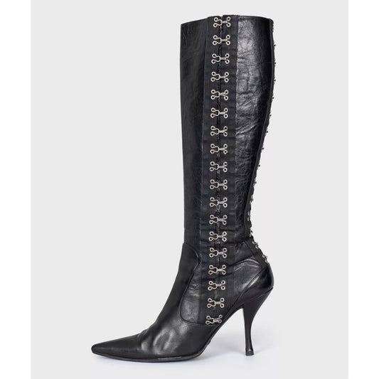 Dolce & Gabbana Black Leather Knee-High Stiletto Boots Sz.38 Pre-owned