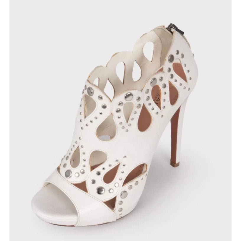 Alaïa White Leather Rhinestone High Heel Sandals 39.5 Pre-owned
