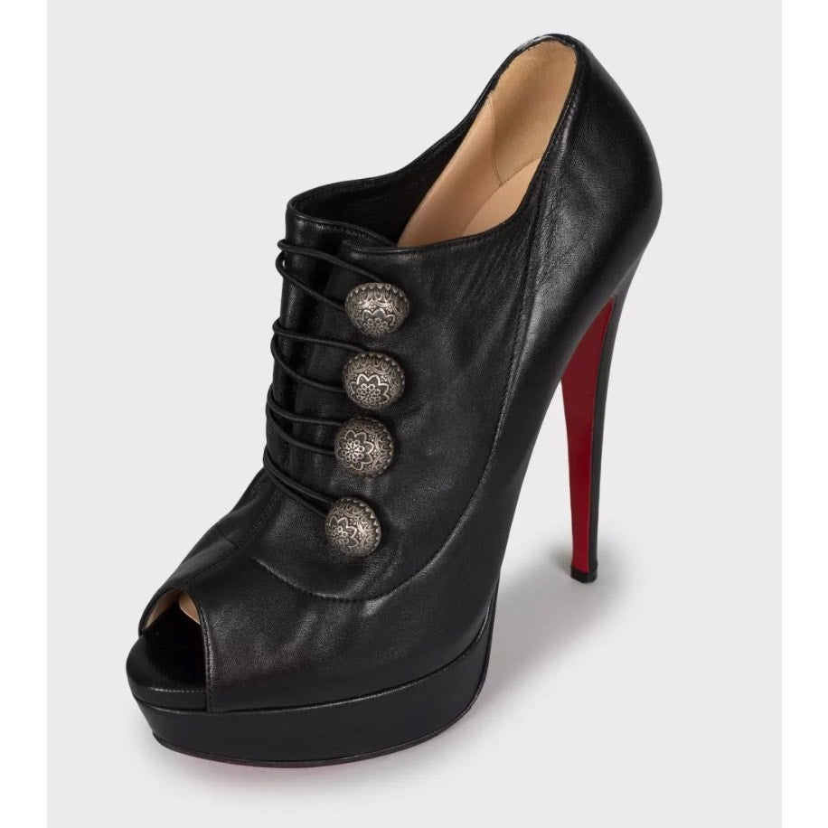 Christian Louboutin Open Toe Button Ankle Boots Black 38.5 Pre-owned