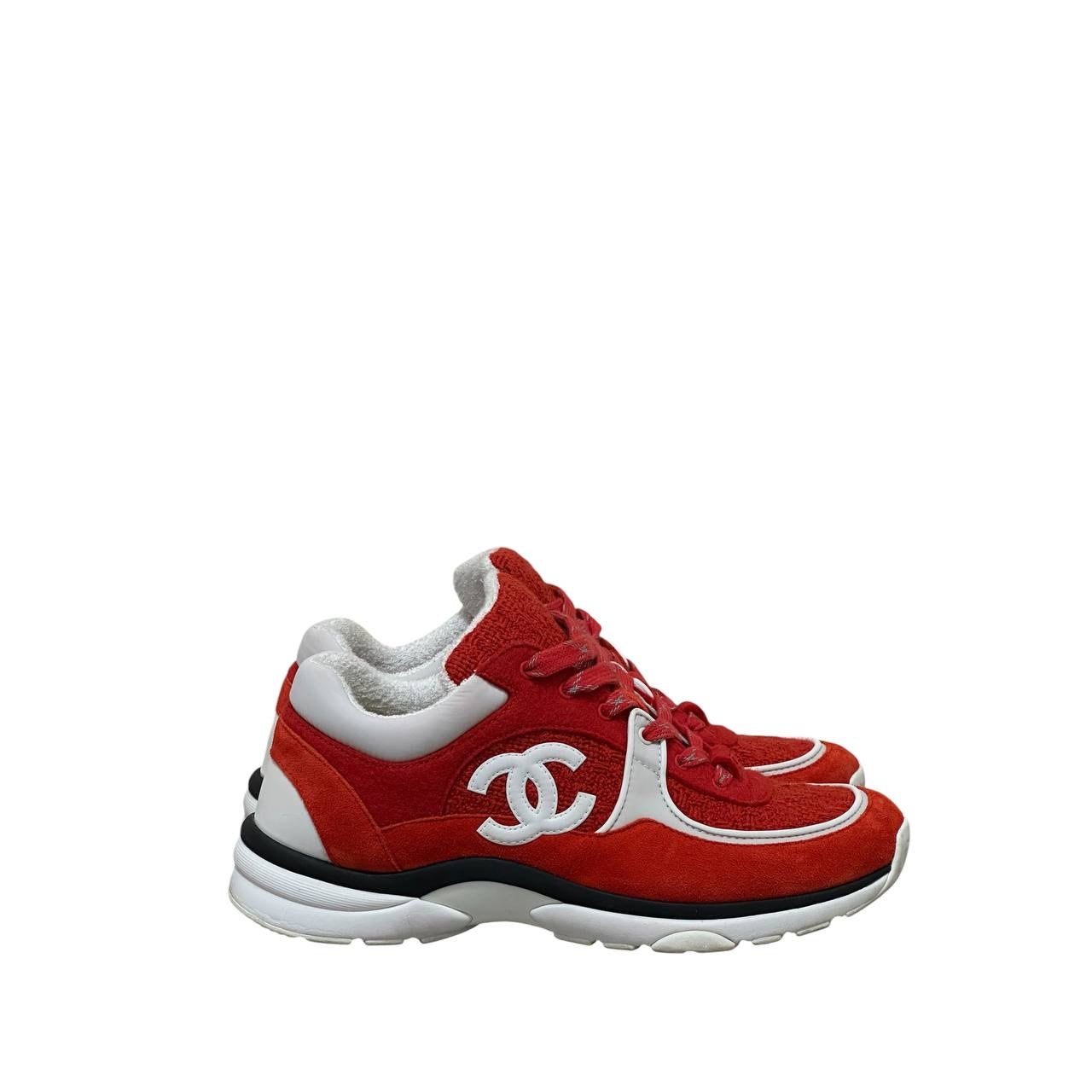 Chanel CC Logo Red Suede & Tweed Sneakers Size 39.5 Pre-owned