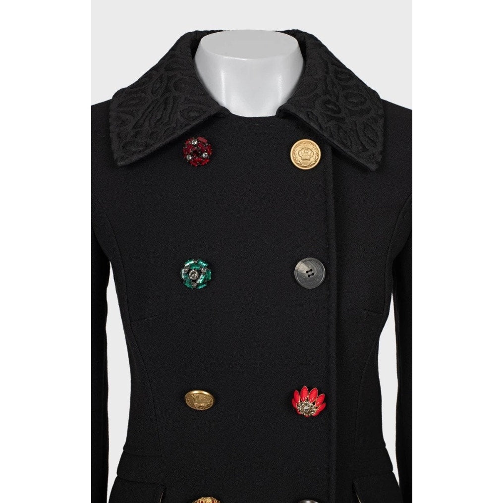 Dolce & Gabbana Black Wool Coat with Crystal Buttons Sz.38/XS pre-owned
