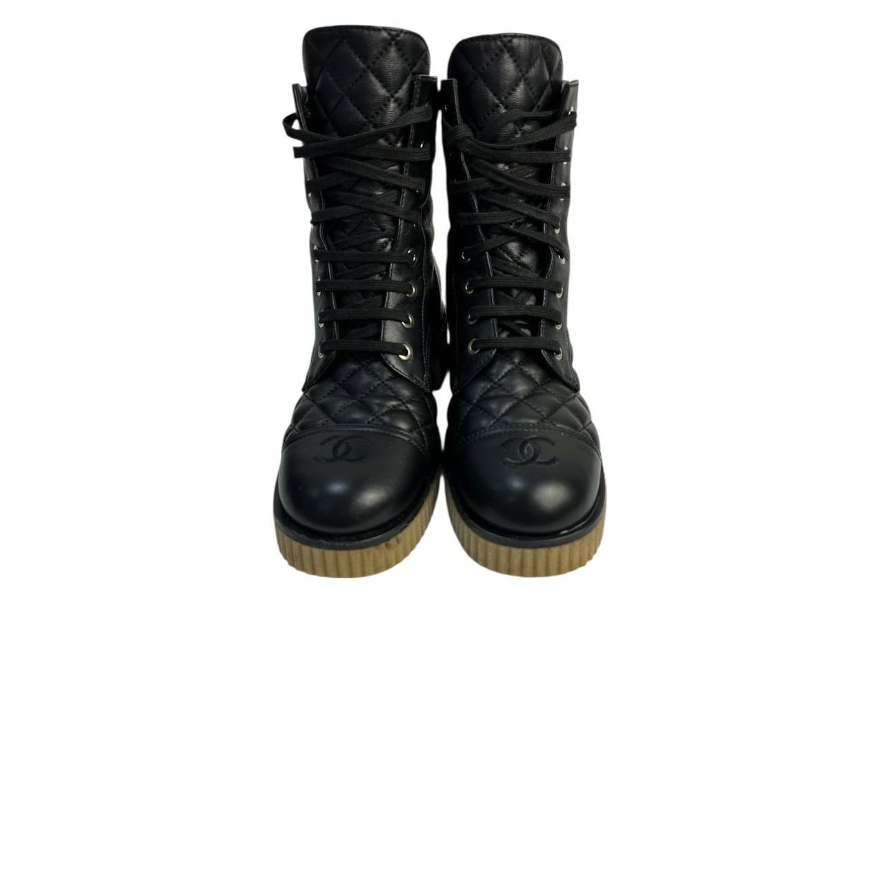 Chanel 20B Black Quilted CC Platform Combat Boots pre-owned