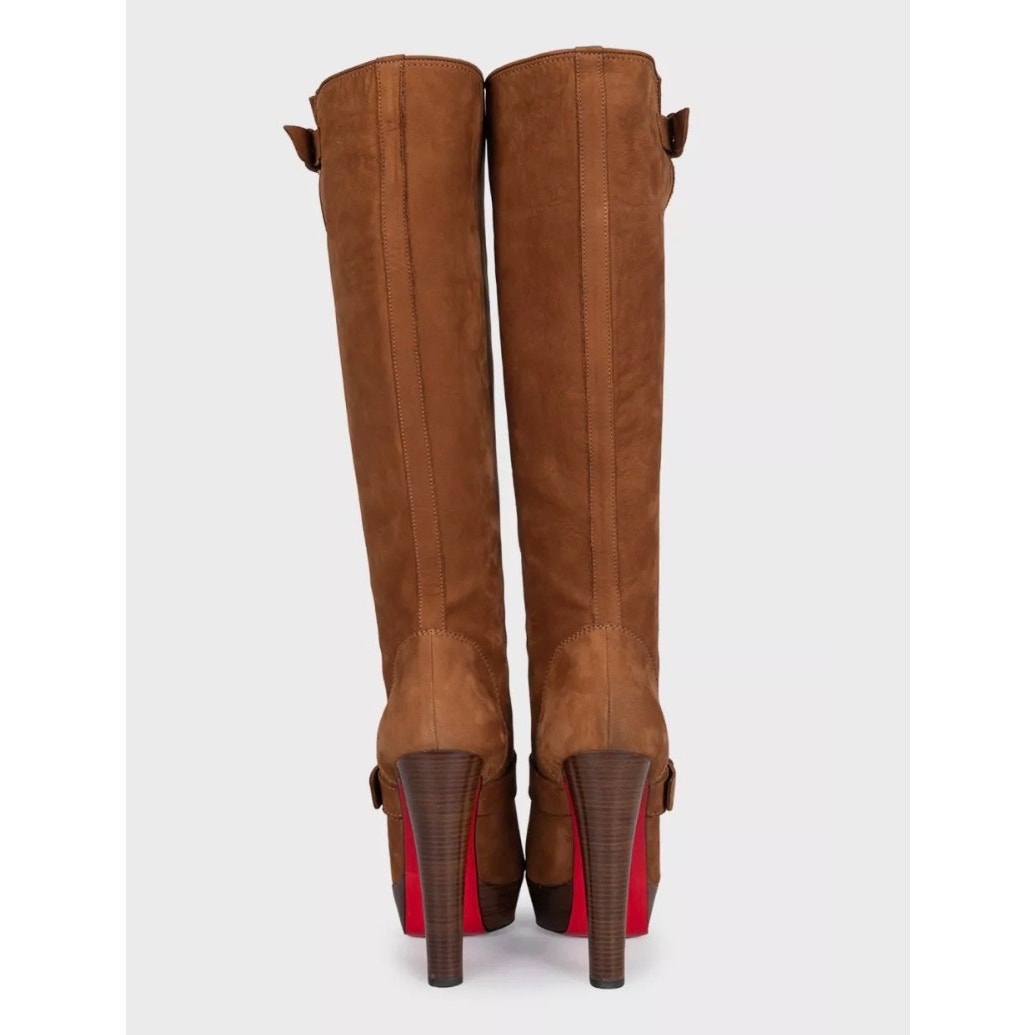 Christian Louboutin Brown Suede Boots with Gold Buckles Sz.39.5 Pre-owned
