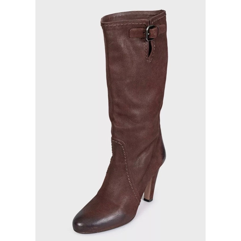 Prada Brown Leather Block Heel Pull-On Boots Sz.39 Pre-owned