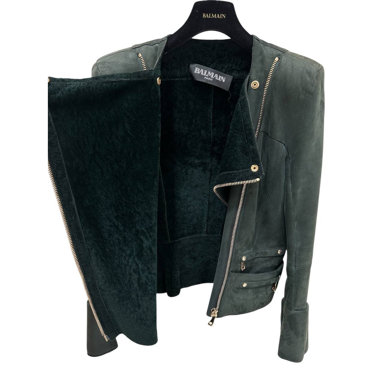 Balmain Green Shearling Biker Jacket - Size 38 Pre-owned