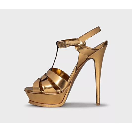 Saint Laurent Gold Leather Block Heel Sandals EU 38 Pre-owned