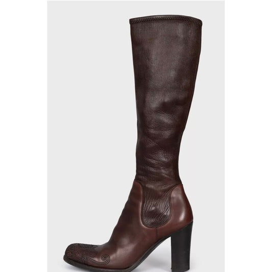 Prada Brown Leather Embroidered Toe Knee High Boots Size 35.5 Pre-owned