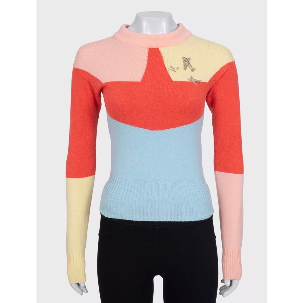 NWOT Chanel Multicolor Cashmere Airplane Embroidered Sweater IT 36 Pre-owned