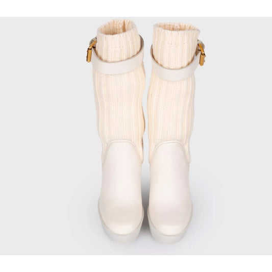 Gucci Beige Fabric & Leather Buckle Wedge Sock Boots Sz.37 Pre-owned