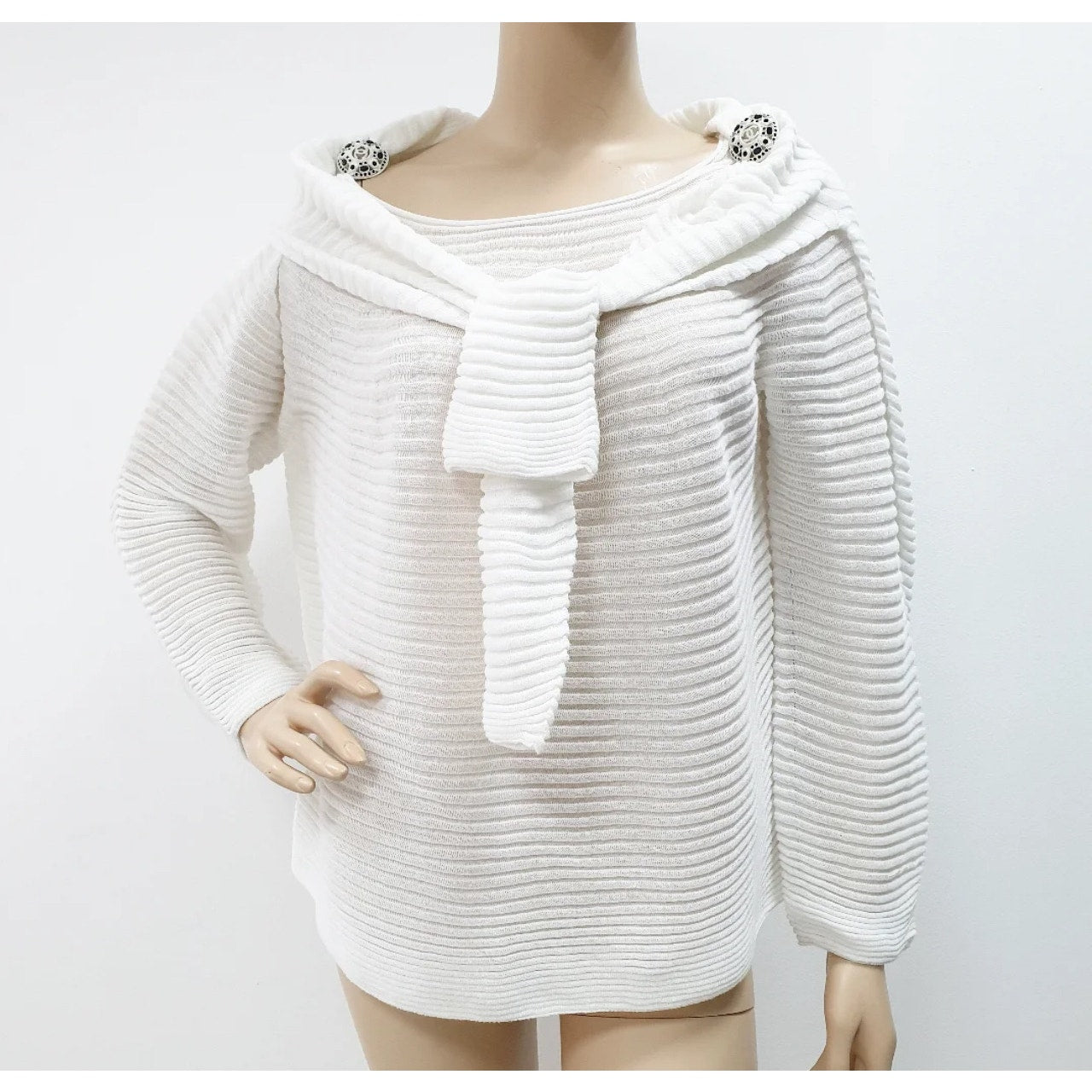 CHANEL Jewel Button Brooch Pin Ottoman Open Knit Stripe Shoulder Tie Sweater Top Sz.48 Pre-owned