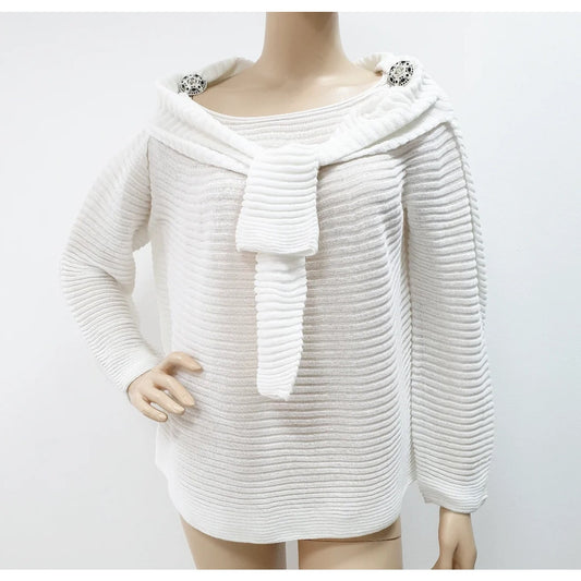 CHANEL Jewel Button Brooch Pin Ottoman Open Knit Stripe Shoulder Tie Sweater Top Sz.48 Pre-owned