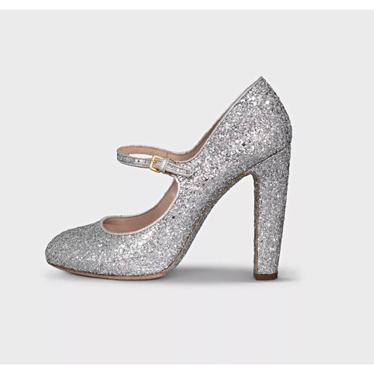 Miu Miu Silver Glitter Block Heel Shoes - Size 39 Pre-owned