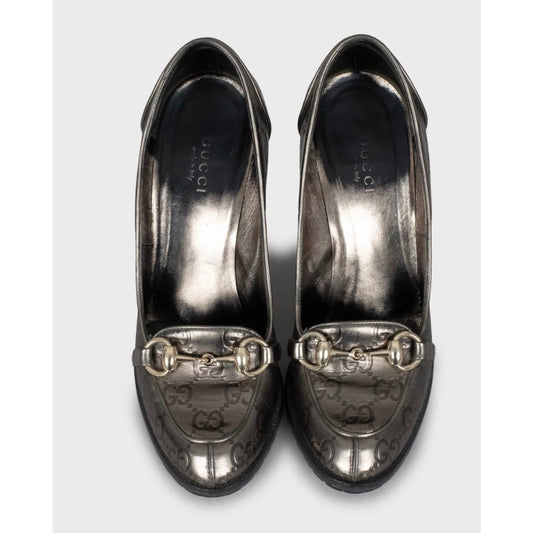 Gucci Silver Embossed Leather Wedge Sandals Sz.35 Pre-owned