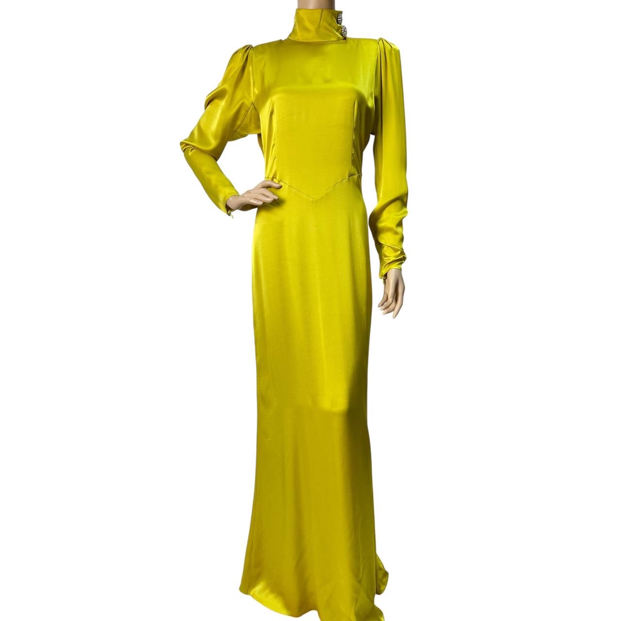 ALESSANDRA RICH Long Embellished Satin Turtleneck Dress In Yellow Sz.42 Pre-owned